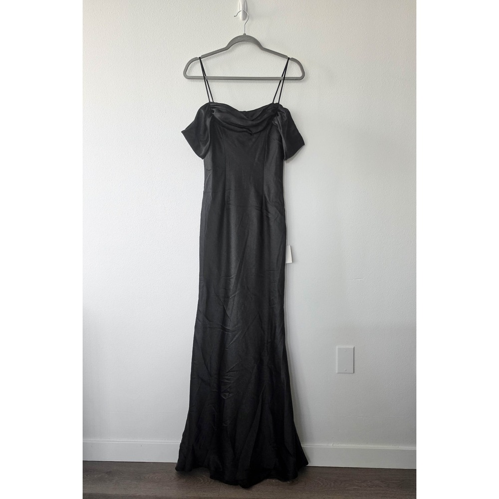 Lulus Black Satin Off the Shoulder Cowl Neck Maxi Formal Dress Small